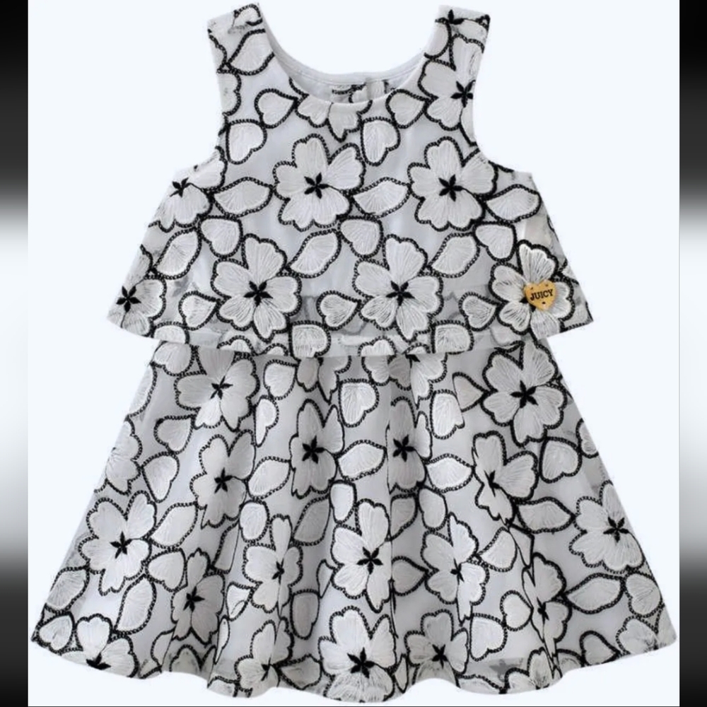 Juicy Couture Floral Print Girls Baby Embroidered White Black Tiered Dress 18M